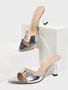 女士尖头穆勒细高跟鞋，时尚高端派对，户外，优雅闪亮石纹性感银色一脚蹬鞋 - 銀色 - 查看 7