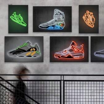 1 Pieza Impresión en lienzo de zapatillas deportivas abstracta con cartel de neón de estilo de moda, decoración de pared personalizada para bar o cuarto de niño, con marco reutilizable