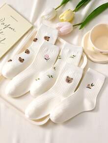 4 Pairs Women White And Pink Cute Bow & Floral Pattern Breathable Moisture-Wicking Comfortable Mid-Calf Socks, Suitable For Daily Wear And Outings, Random Delivery - View 6