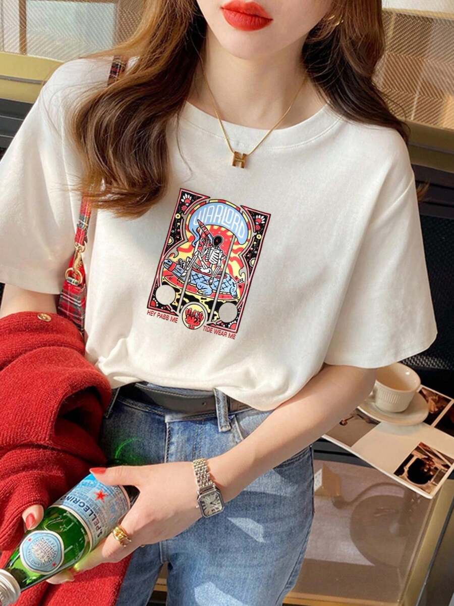 200g Pure Cotton T-Shirt 2025 Summer Ladies New Short Sleeve Pure Cotton Holiday Pattern Short Sleeve Round Neck Couple Wear Small Shirt Tops - 白色 - 查看 1
