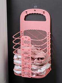 Space-Saving Wall Mounted Plastic Dirty Clothes Storage Basket For Bathroom Foldable Bin - No Drill Required, Lightweight Laundry Container, Portable And Easy To Install, Ideal For Small Apartments, Dorm Rooms, Shared Bathrooms, And Home Organization, Versatile Use In Entryways And Laundry Corners, Space Optimizing Solution With Clean Minimalist Aesthetic For Modern Interiors, Keeps Laundry Neatly Contained, Accessible, And Ready For Sorting, Enhances Daily Chores With Efficient, Tidy, And Contemporary Bathroom Organization Solutions - Pink - View 9