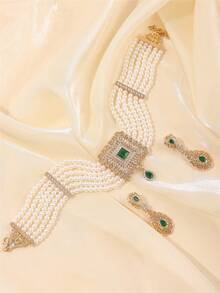 1 Set Fashion Women's Jewelry Set - Earrings & Necklace With Rhinestone Inlaid, Handmade Beaded Bohemian Style Bridal Wedding Dress Accessories, Holiday Gift