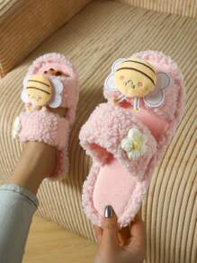 Cute Cartoon Bee Plush Slip-On Slippers, Women Indoor Open Toe Flat House Slides, Lightweight & Comfortable Home Slippers