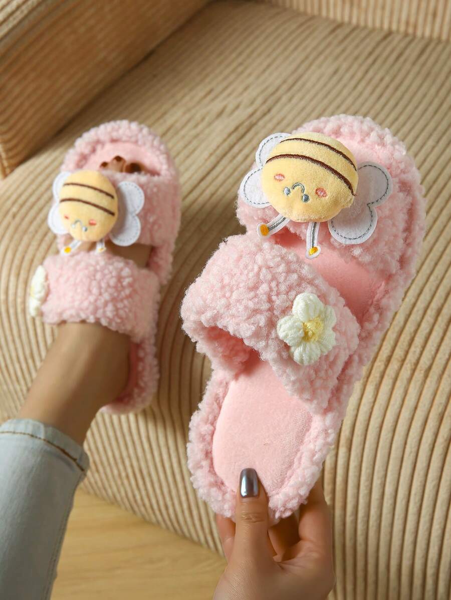 Cute Cartoon Bee Plush Slip-On Slippers, Women Indoor Open Toe Flat House Slides, Lightweight & Comfortable Home Slippers