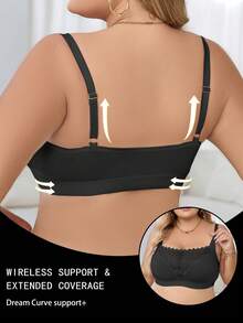 Soutien-gorge sans fil en dentelle patchwork, grande taille. Lingerie confortable - Noir - Voir 2