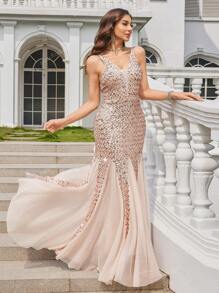 yanchunxier 1pc Elegant Sexy V-Neck Backless Sequin Embroidery Mesh Insert Fishtail Hem Knitted Bodycon Dress, Suitable For Wedding, Party, Formal Event, Graduation, Fall Women Attire