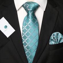 1pc/2pcs/3pcs/4pcs/5pcs Men's Water Duck Blue Plaid Silk Necktie, Patterned Satin Silk Tie, Pocket Square, Cufflinks, Silver Tie Clip And Hexagram, Airplane, Music Note, Lightning Brooch Combo Sets, Great Gift For Men, Suitable For Wedding, Business, Formal, Date, Banquet, Wedding Photo, Graduation Season And More Occasions - Teal Blue - View 16
