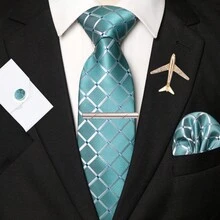 1pc/2pcs/3pcs/4pcs/5pcs Men's Water Duck Blue Plaid Silk Necktie, Patterned Satin Silk Tie, Pocket Square, Cufflinks, Silver Tie Clip And Hexagram, Airplane, Music Note, Lightning Brooch Combo Sets, Great Gift For Men, Suitable For Wedding, Business, Formal, Date, Banquet, Wedding Photo, Graduation Season And More Occasions - Teal Blue - View 19