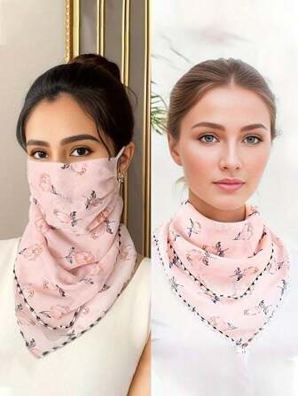 1PC 2025 Summer Sunscreen UV Flower Pattern Veil, Ice Silk Breathable Face Protection Triangle Silk Scarf Women's Ear Hanging Neck