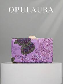 OpulAura Sequin Embroidered Floral Boxy Bag, Vintage Floral Purse, Women's Fashion Sequin Patchwork Clutch, Party & Evening Bag, Random Cutout, Suitable For Parties, Weddings, Galas - Perfect For Parties, Weddings, Galas, Pair With Holiday Party Dresses, Evening Gowns, And Sequined Attire, Sparkling Sequin Bags Ladies Elegant - Purple - View 5