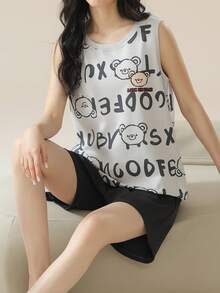 【AICJ睡衣】女士休闲卡通幸运熊无袖上衣短裤睡衣套装，2件套，柔软舒适家居服，春夏款 - 深灰色 - 查看 3