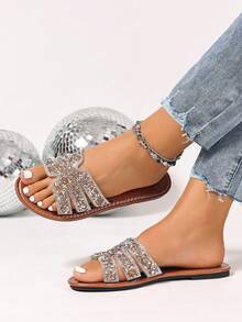 Korean Style Casual Flat Slide Sandals For Women, Open Toe, Woven Roman Style, Summer Spring New Fashion Slippers, Suitable For Dresses, Beach, Outdoor Wear, Brown