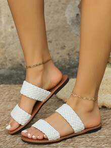 New Flat Sandals, Simple & Fashion Dual Braided Strap Design Casual Flat Sandals, Casual Vacation Style, Spring/Summer Everyday Wear, Classic Black, Pure White, Warm Brown - White - View 2