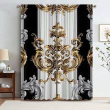 2pcs Black & White Bohemian Style Floral Curtains, Golden Modern Art Printed Curtains With Rod Pockets, Polyester, Classic Style For Bedroom, Office, Kitchen, Living Room, Home Decor