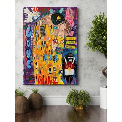 1pc Street Art Gustav Klimt Kiss Graffiti Wall Art Poster Living Room Bar Cafe Bedroom Office Home Decorative Canvas Painting Optional Frame ,Wall Art With Frame