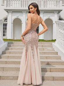 yanchunxier 1pc Elegant Sexy V-Neck Backless Sequin Embroidery Mesh Insert Fishtail Hem Knitted Bodycon Dress, Suitable For Wedding, Party, Formal Event, Graduation, Fall Women Attire
