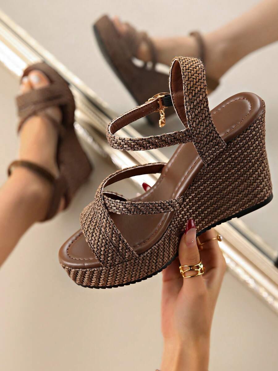 Women's Summer Woven Straw Rope Waterproof Design Fashionable High Heel Comfortable Platform Buckled Brown Sandals - Brown - View 1