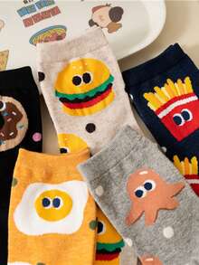 5 Pairs Men & Women Cartoon Hamburger & French Fries Print Casual Short Socks, Soft & Comfortable, Suitable For Daily, Party, Gift, School, All Seasons - Multicolor - View 7