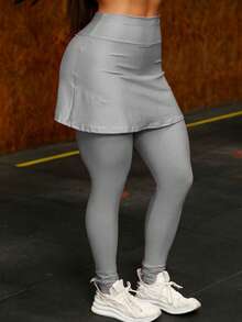 High Waist Gym Leggings With Skirt - Grey - View 3