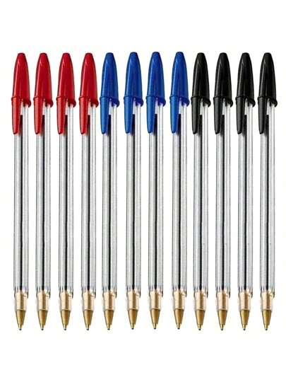 12 confezioni di penne a sfera blu, rosso e nero, punta media (1,0 mm), forniture scolastiche