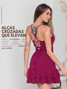 Short Plaid Dress With Bare Back And Crossover For Women's June Party, São João, Duna, Frill, S To L - Màu Hồng Tươi - Xem 2