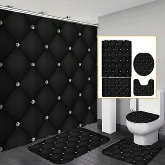 1/4 Pcs Luxurious Black Quilted Sofa Pattern Bathroom Set Includes 12 Hooks Shower Curtain, Anti-Slip Bath Mat, Toilet Lid Cover And U-Shaped Rug - Washable Polyester Bathroom Decor, Suitable For Father's Day And Mother's Day Bathroom Accessories Back To School