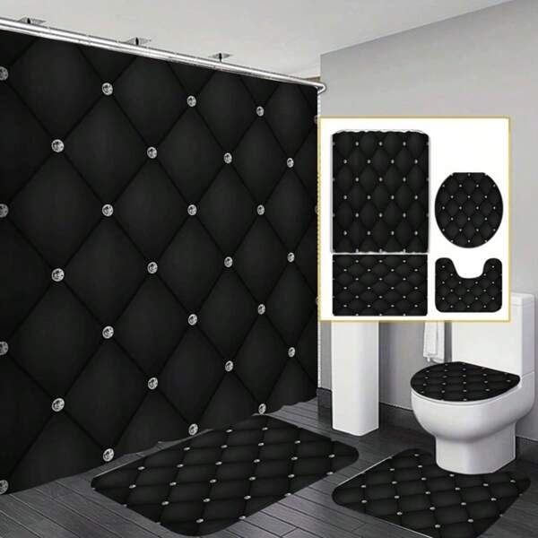 1/4 Piezas Juego de baño de lujo con patrón acolchado negro que incluye 12 ganchos, cortina de ducha, alfombra antideslizante, tapa de inodoro y alfombra en forma de U - Decoración de baño de poliéster lavable, adecuado para el Día del Padre, el Día de la Madre y accesorios de baño para volver a la escuela