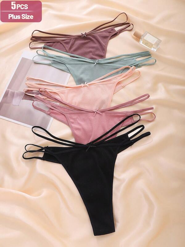 Set de 5 bragas sin costuras cómodas con decoración de lazo para mujer de talla grande, tanga de cintura media con estilo