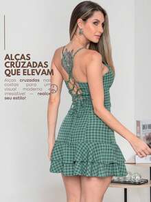 Short Plaid Dress With Bare Back And Crossover For Women's June Party, São João, Duna, Frill, S To L - 綠色 - 查看 2