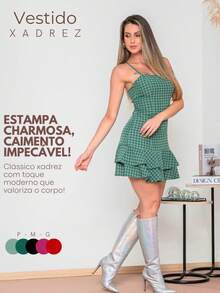 Short Plaid Dress With Bare Back And Crossover For Women's June Party, São João, Duna, Frill, S To L - 綠色 - 查看 3
