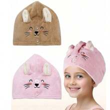 Microfiber Hair Towel For Kids- Soft Super Absorbent Rapid Drying Hair Towel Wrap Turban For Girls With 2 Buttons- Anti-Frizz For Thicker Curly Long Hair, 2 Packs, Kitty