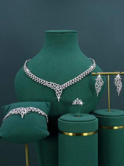 5pcs Luxury Royal Style Bride Wedding Jewelry Set, Platinum Plated With Handset White Cubic Zirconia Flower Design, Include Necklace, Bracelet, Earrings, Ring, Suitable For Daily Wedding Wear, Wedding Anniversary Gift (Comes With Gold High-End Gift Box)