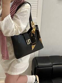 1pc PU Shoulder Tote Bag With Scarf Decor, Large Capacity, Lightweight And Versatile, Suitable For Commuting,Business Professional Women - Black - View 4