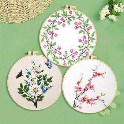Beginner Cross Stitch Kit - Includes Embroidery Hoop + Blue Floral/Pink Wreath/Peach Blossom Patterns (With Instructions & Video Tutorials) | Home Decor Wall Hanging | DIY Gift For Her