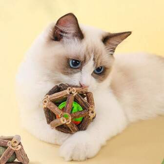 1件装新款精致球木田寮耐咬洁齿自娱猫玩具磨牙棒猫编织球铃铛球猫玩具猫宠物用品