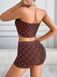 Women's Comfort Casual Plaid Knitted Seamless Crop Top & Boyshort Underwear Set, Elastic Bandeau Bralette & Shorts Combo