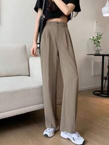 La versión coreana de pantalones de traje para mujeres en verano es alta, cintura suelta, tubo recto, delgado y pantalones de trapeador de gran tamaño. - Caqui - Ver 3