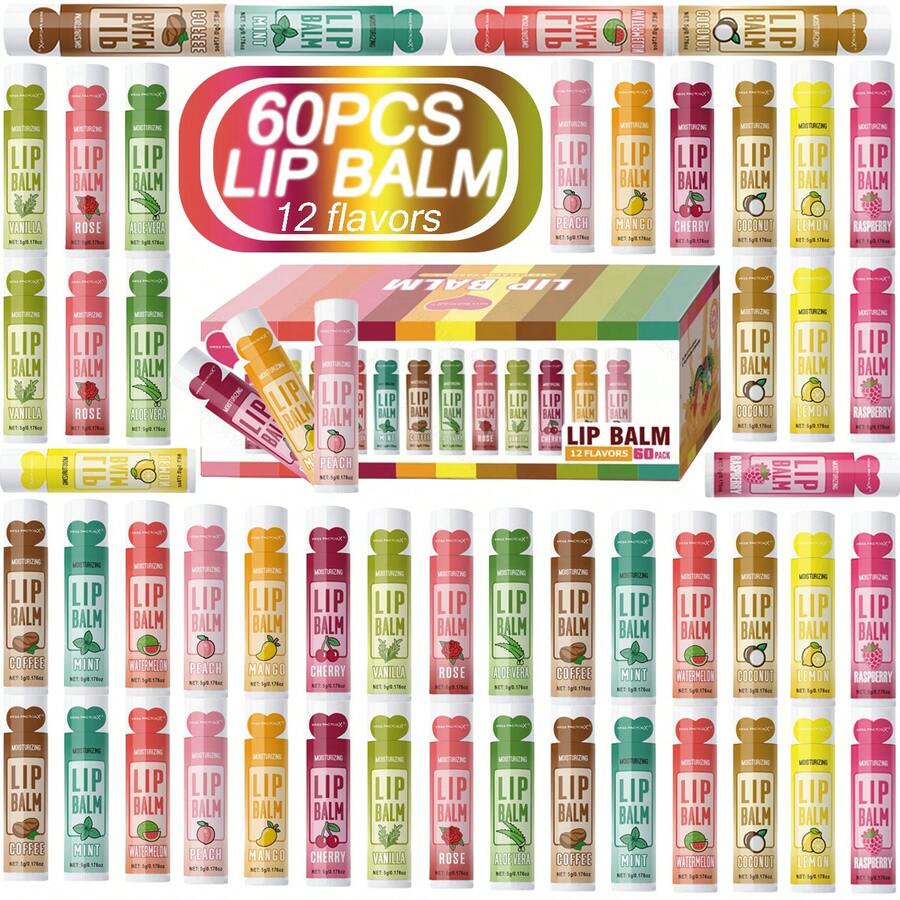 MISS FACTORX 60 حبة/صندوق، طقم هدية شفاه شكل قلب 12 نكهة، ترطيب عميق 5 جرام، ترطيب عالي،مغذية ومنيرة لعناية الشفاه، هدية مثالية للنساء ،تفضيلات الحفلات