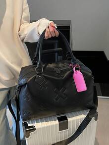 1 Pc Fashionable And Cool Multifunctional Large Capacity Solid Color PU Leather Embossed Soft And Thick Padded Travel Bag With Contrasting Color Boarding Pass Pendant Design Suitable For Both Men And Women For Leisure Vacation&Business Trip And Returning To School