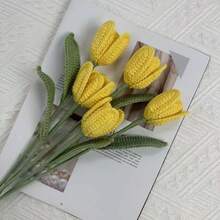 5 件成品郁金香钩针花束，手工针织郁金香花装饰礼物，情人节郁金香幸运花束 - 彩色 - 查看 9