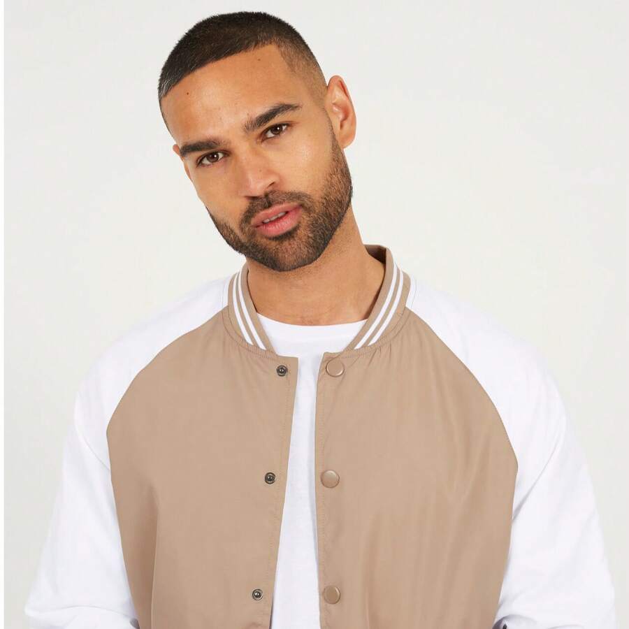 brave soul Lightweight Varsity Bomber Jacket, Stone - Stone - View 1