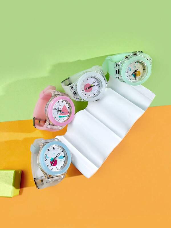 1pc Minimalist Fashion Gradient Color Quartz Watch For Teens, Ins Style Gradient Color Strap With Fruit Pattern, Pointer Display, Simple & Practical, Quartz Watch For Teenagers