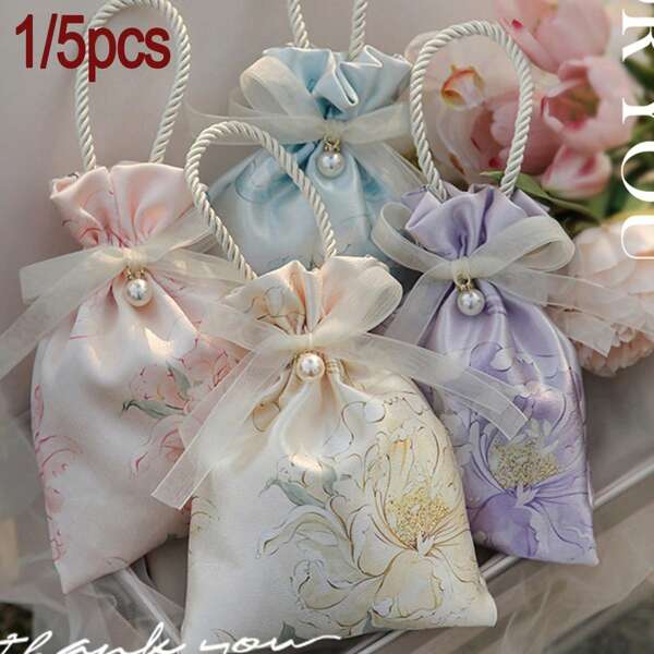 1/5 piezas Bolsas de tela con motivos florales, bolsas para caramelos, bolsas de regalo, bolsas de recuerdos, bolsas para joyas, bolsas de almacenamiento de artículos pequeños, adecuadas para bodas, festivales, fiestas, reuniones, envasado de caramelos para cumpleaños, bolsas de embalaje de regalos (con perlas)
