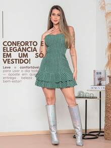 Short Plaid Dress With Bare Back And Crossover For Women's June Party, São João, Duna, Frill, S To L - 綠色 - 查看 5