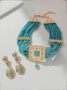 1 Set Arab/Middle Eastern Bridal Necklace And Earrings Jewelry Set, Wedding/Party Gift - Gold - View 5