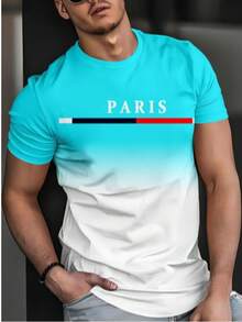 Camiseta deportiva de manga corta y cuello redondo para hombres, casual de verano, con estampado de la letra "PARÍS" en degradado azul y blanco - Multicolor - Ver 5