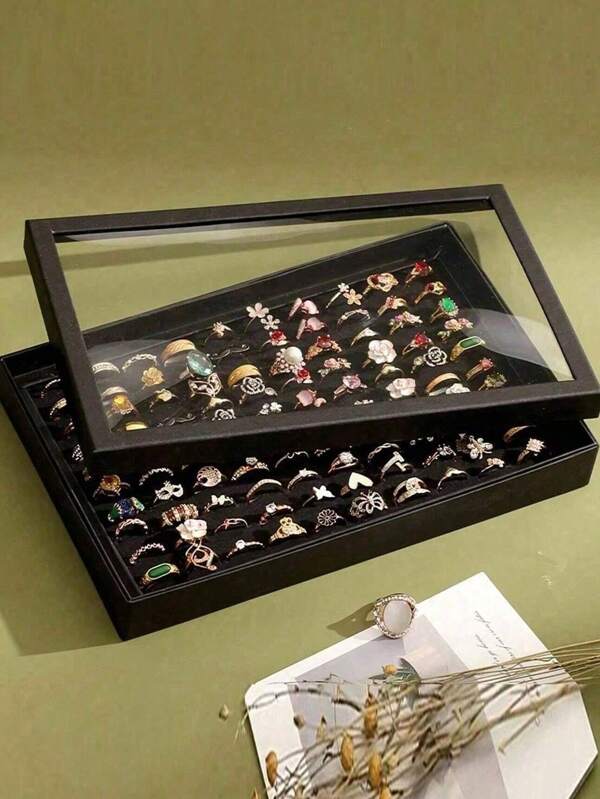 1pc 36/100 Slot Ring Jewelry Box, Covered Earring Jewelry Tray, Ring Jewelry Storage & Display Tray, Simple Velvet Ring Box, Jewelry Box, Earring Jewelry Storage Box, Dust-Proof Jewelry Box Display Case For Women Storage Organizer Travel Essentials Back To School