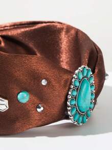 1 buc. Bandă de păr vintage cu boruri largi, tip cowboy western, culoare solidă, turcoaz, încrustat, decorațiune din aliaj, accesoriu de păr în stil boho, bandă de păr, diademă, cerc de păr
