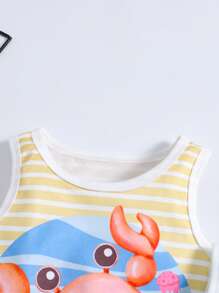 Set de 3 piezas de ropa de verano informal y cómoda para bebés niños, incluyendo chaleco sin mangas con gráficos de tiburón, cangrejo y tortuga, talla grande pantalones a rayas, adecuado para uso diario y exterior