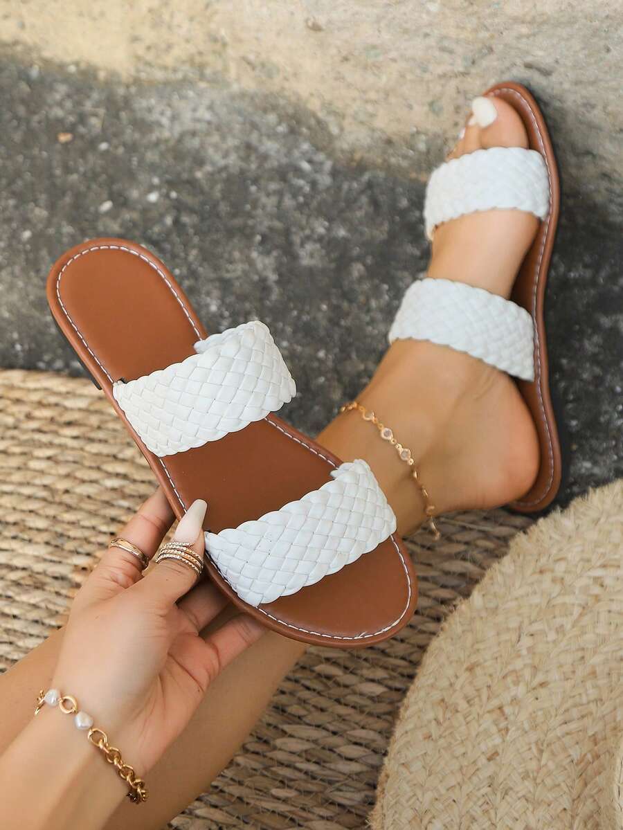 New Flat Sandals, Simple & Fashion Dual Braided Strap Design Casual Flat Sandals, Casual Vacation Style, Spring/Summer Everyday Wear, Classic Black, Pure White, Warm Brown - White - View 1